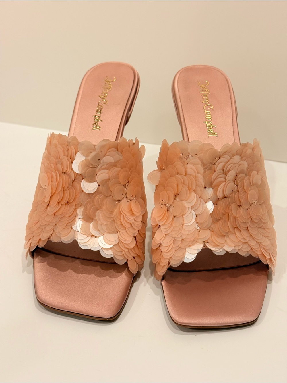 NWOB Jeffrey Campbell Rose Gold Sequin Blush Satin Slide Heels Size 10 Sample - Picture 3 of 14